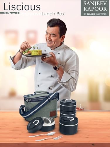 Image of Sanjeev Kapoor By Classic Essentials Luscious Microwave Friendly Leakproof Insulated Tiffin Set with Bag & Cutlery | 2x400ml + 2x600ml Containers (2000ml) | Thermoware Lunch Box | Blue