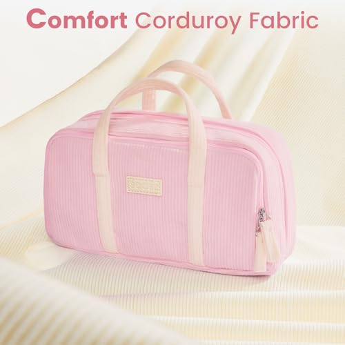 Image of Sooez Large Pencil Case Pouch, Extra Big Pencil Bag with 5 Compartments, Pen Case Wide Opening, Soft Corduroy Pen Bag Organizer with Zipper, Cute Aesthetic School Supplies for Teen Girls, Pink