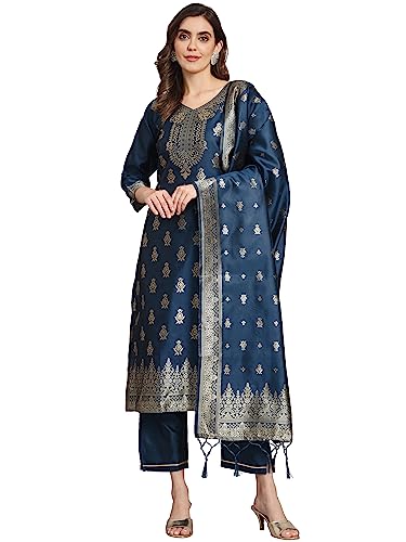 Image of VredeVogel Women's Cotton Silk Jacquard Kurta Pant Set with Banarasi Silk Dupatta