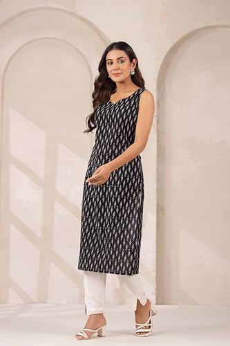 Image of Ichaa Women's All-Over Printed Sleeveless Kurta | Straight Fit Ethnic Kurta | Round Neck Casual Ethnic Wear Kurta