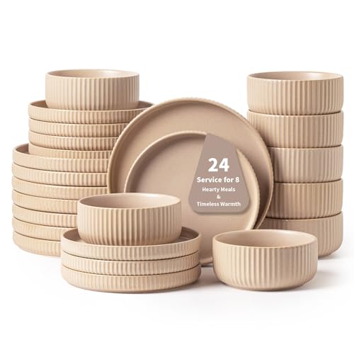 FOBENTA Handcrafted Dish Set for 8,24 Piece Rustic...