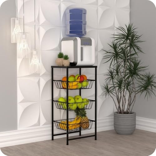 Fruteira 3 Cestos De chão Cozinha Aço Suporte Galão Agua Micro-ondas (Preto)