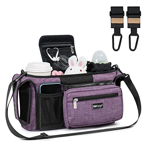 Image of TOPDesign Universal Baby Stroller Organizer, Stroller Caddy with Heightened Insulated Cup Holders & Non-Slip Secure Hooks Accessories, Fits Most Strollers, Machine Washable (Purple)