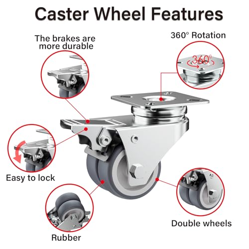 Image of Caster Wheels, 2inch Casters Set of 32 Heavy Duty, Two-Wheeled Grey TPR Casters with Brake, Double-Wheeled Swivel Plate Locking Castor Wheels Widely Used in All Kinds of Furniture.(32 Pack)