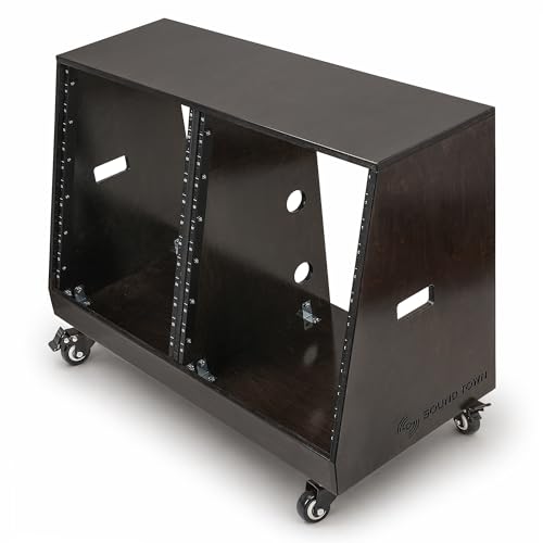 Image of Sound Town DIY 2 x 12U Slanted Double-Bay Studio Rack with Casters for Home Studio and Recording Room, Baltic Birch Plywood, Black Espresso (SDRK-D12TD)