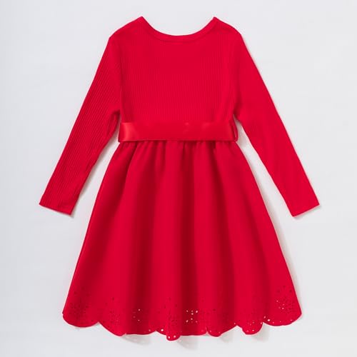 Girls Long Sleeve Christmas Dress Fall Formal Party Holiday Ruffle Ribbed Knit Dresses with Belt 3-7 Y2