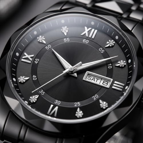 Image of GOLDENIZE FASHION Luxury Analog Roman Numeral Date Display Diamond Pattern Classics Stainless Steel Wrist Watch for Men