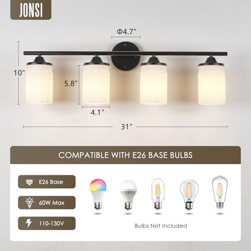 Image of Jonsi Black Bathroom Light Fixtures 4-Light Vanity Lights Modern Wall Sconce with Milk White Shade Brushed Brass Bathroom Light Fixture Over Mirror for Bedroom Hallway Kitchen