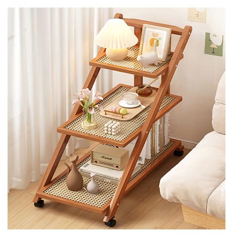Carrito de Almacenamiento de Madera Multicapa con encimera de ratán y diseño Plegable, Escalera móvil, Carrito de café, Carrito para Sala de Estar, Dormitorio, Cocina, marrón, 3 Capas
