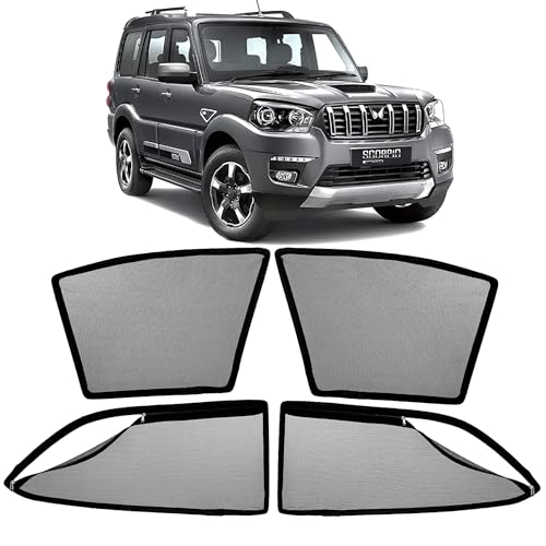 Image of AutoStory Magnetic Car Sunshade for Scorpio 2014-2020 | Front Half Cut for Mirror Visibility + Rear Full Coverage with Zipper | Heavy Heat & UV Protection | Privacy Side Window Curtains Shades