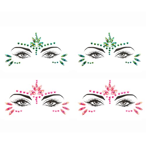 Lot de 2 pierres scintillantes pour le visage, pierres à coller sur le visage, rose et vert, tatouage temporaire pour le visage, pour carnaval, Halloween,...