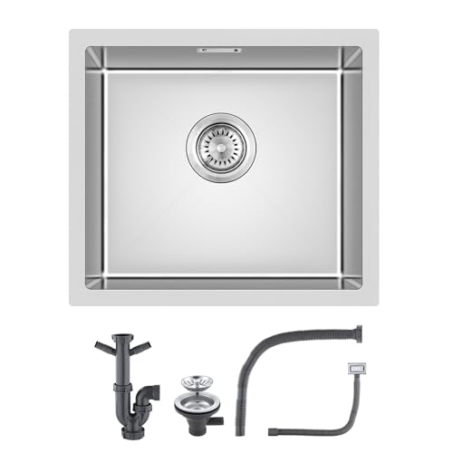 Fregadero KINKIBOS de Acero Inoxidable, 45 x 45 cm, Fregadero Moderno de Montaje Inferior Cuadrado para Cocina, 1 Cuenco, Acero Inoxidable 304, Acabado Cepillo, Sin Orificio para Grifo, Ideal para