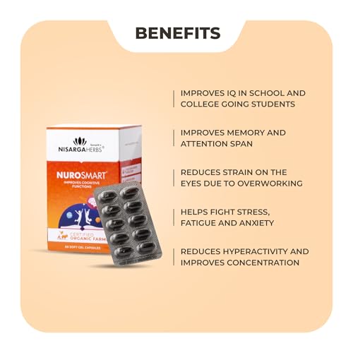 Image of Nisarga Herbs Nurosmart 60 Soft Gel Capsules | 30 Days Supply | Brahmi Brain Booster with Shankhpushpi & Jyotishmati for Teenagers & Adults