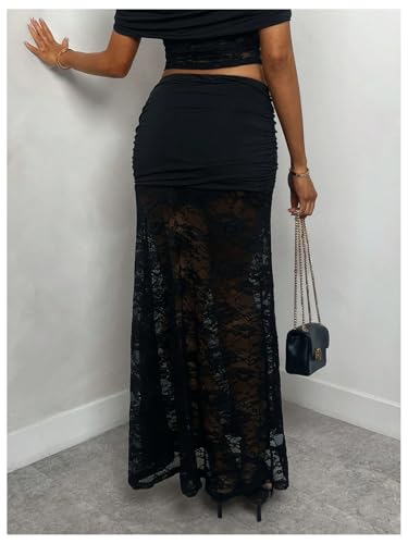 Women's Lace Maxi Skirts Y2k Ruched Sheer Mesh Drop Waist Long Skirt2