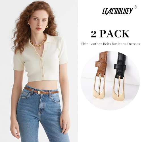 LEACOOLKEY 2 Pack Women Thin Leather Belts Ladies Skinny Waist Belt for Dresses Jeans 0.55" Width2