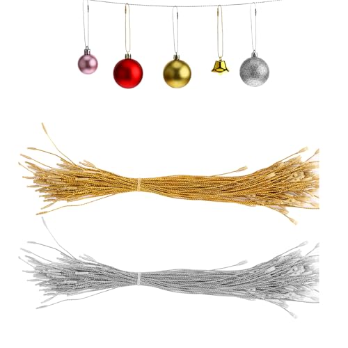 200pcs Christmas Bauble Hanger String, Gold Silver String Twine Thread with Snap Fastener for Christmas Ornaments Baubles Hanging Xmas Tree Pendants Gift Tag Jewellery Cords Party Decorations Supplies