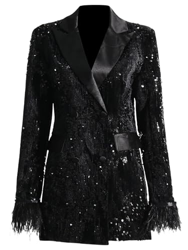 Women's Sequin Jacket Blazer Glitter Sparkly Long Sleeved Feather Slim Coat with Pocket Long Blazers