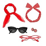BengPro Retro 50's Costume Accessories Set Polka Dot Chiffon Scarf Cat Eye Glasses Bandana Tie Headband & Earrings for Girls Women Ladies Dress Up (Red)