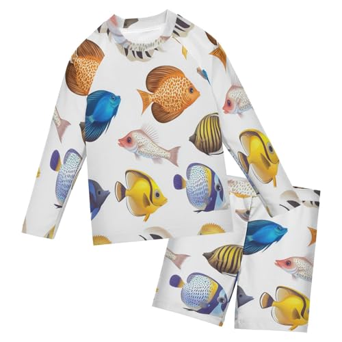 Marine Fish Boys Swimsuit Rash Guard Toddler Kids Long Sleeve Swim Shirt and Trunks Swimwear Set 3-10Y