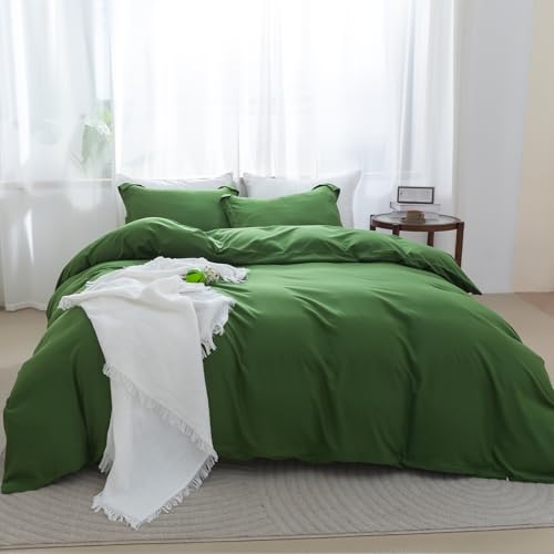 Image of SheRest Olive Green Duvet Cover - Soft Brushed Microfiber, 3 Pieces, 1 Duvet Cover 90x90 Inches with Zipper Closure 8 Ties & 2 Pillow Shams, Breathable Bedding Set for All Season, Queen (No Comforter)