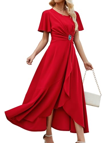 Amazon.com: QMZ Wedding Guest Dresses for Women Have Pockets Cocktail Dress  Ruffle Sleeve A Line Evening Party Formal Dresses for Women-Bright red-S :  Clothing, Shoes & Jewelry