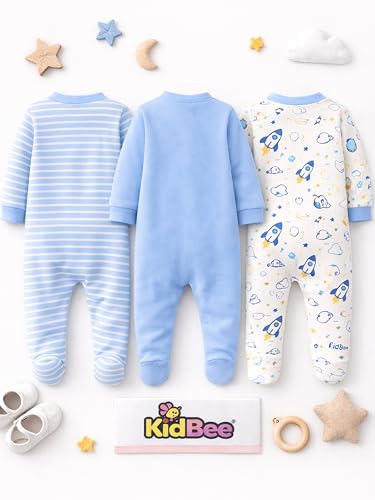Image of Kidbee Baby Boys & Girls Full Sleeves Cotton Footed Romper Sleepsuit Pack of 3