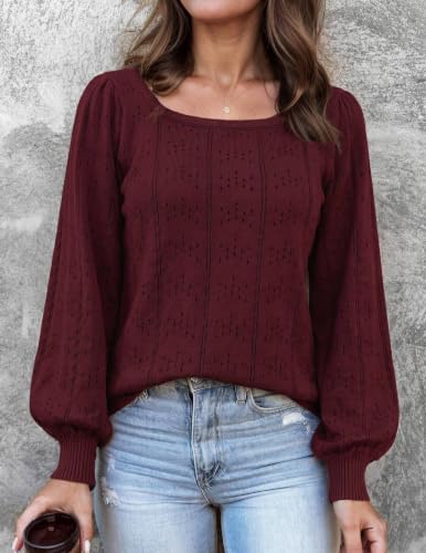 Image of HOTOUCH Sweaters for Women 2026 Fall Trendy Tops Casual Puff Sleeve Square Neck Cute Tunic Pullover Blouses XS-XXL