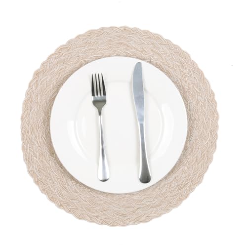 Image of SHACOS Round Braided Placemats 15 inch Set of 6 Thick Boho Kitchen Table Placemats for Home Wedding Party (T-Beige, 6)