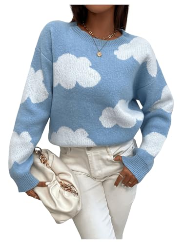 SHENHE Women's Crewneck Drop Shoulder Cloud Pattern Casual Sweater Pullover Jumper