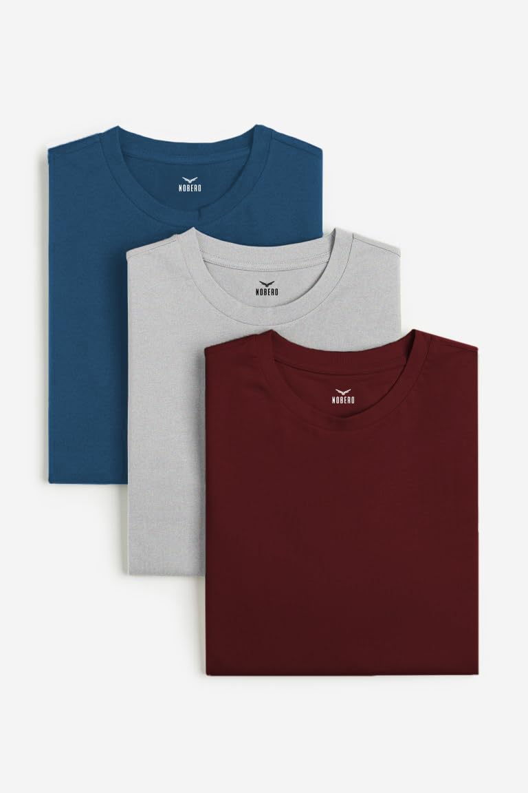 NOBEROMen's Solid Regular Fit Cotton T-Shirt with Round Neck (Pack of 3)