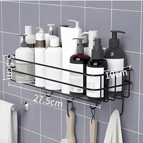 Image of TEKCOOL Self-Adhesive Bathroom Shelf with Hooks - Space-Saving Wall Mounted Shelf for Bathroom Essentials - Durable, No-Drill Required - Sleek Design. (Pack of 2)