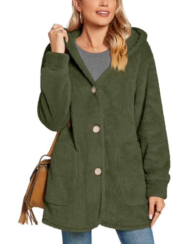 Image of Bestbee Womens Plus Size Fleece Jackets Fuzzy Hooded Casual Coats Cardigan Sweaters Outerwear with Pockets, 3XL, Army Green