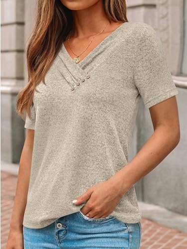 AUTOMET Business Casual Outfits for Women Short Sleeve Tunic Summer Tops 2026 V Neck Sweaters Button Shirts Dressy Blouses Khaki L - Thumbnail 3