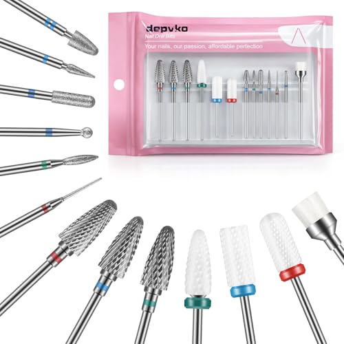 Depvko 13PC Nail Drill Bits Set, Drill Bits for Nails, 3pcs Tungsten Carbide Drill Bits+ 3pcs Ceramic Efile Nail Drill Bits+ 6pcs Cuticle Drill Bits+ 1pcs Brush, 3/32 inch Nail Bits for Nail Drill