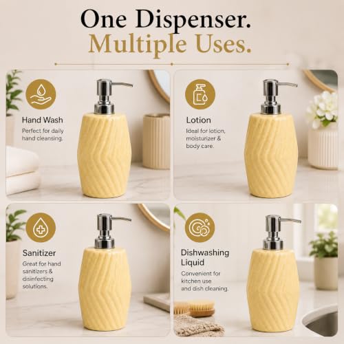 Image of Quace Ceramic Soap Dispenser for Bathroom & Kitchen Sink | Beige Liquid Soap Dispenser with Rust-Resistant Pump | Refillable Hand Wash Dispenser for Wash Basin, Vanity Counter & Home Decor