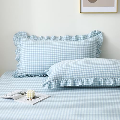 K MASANIJI 2 Pack Light Blue White Plaid Ruffle Gingham Pillow Shams Standard Size, 100% Washed Cotton Checkered Farmhouse Decorative Bed Pillow Covers Envelope Closure - 20''x26''