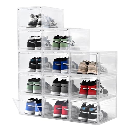 beehomay 12 Pack Large Shoe Boxes Clear Plastic Stackable?Drop Front Shoe Box with Clear Door, Shoe Containers For Sneaker Display,Fit up to US Size12 (clear, 12 pack)