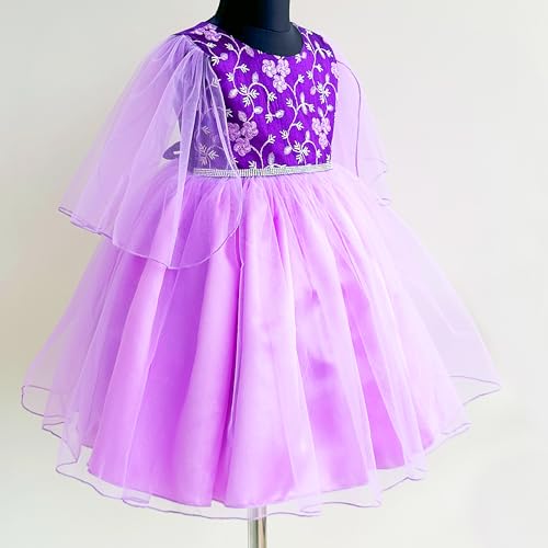 Image of Stanwells Kids Baby Girls Knee Length Birthday Frocks Net Flared Ruffle Pattern Puff Sleeves Western Frock Dress Embroidery Fancy Dress for Girls Birthday Gift for Daughter