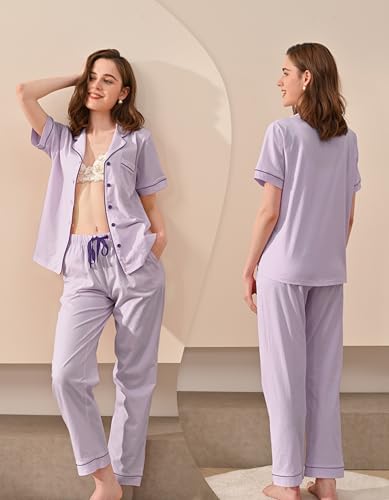 Image of NAP BOUND 100% Cotton Women's Pajama Sets Short Sleeve Button Down Soft Pjs 2 Piece Lounge Set with Pocket Nightwear XS-XXL