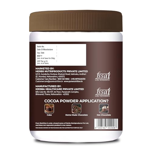 Image of Pure Nutrition Cocoa Powder Without Sugar | Cacao Powder Unsweetend | Coco Powders | Cocoa Powder for Cake, Beverages & Desserts |100% Plant Based & Alkalized | Rich Flavor & Aroma | No Added Sugar - 250g