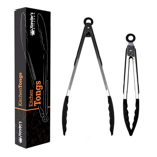 Xanders Kitchen Tongs for Cooking 9 & 12 Set of 2 Silicone Grip Non Stick Pasta Salad Frying BBQ Serving Meat (Black)