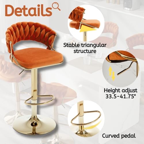 Butacos regulables de terciopelo LukeAlon, color naranja, con base dorada giratoria y reposapiés, para barra o cocina, juego de 2 piezas miniatura 4
