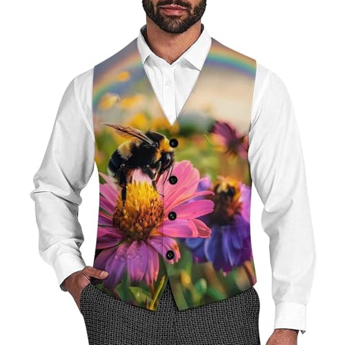 _Bee Impressionism Rainbow Men's Suit Vest Waistcoat Vests Formal Dress with 2 Pockets for Business Casual Tuxedo