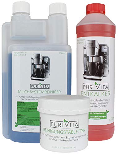 Reinigungsset Pflegeset - für Kaffeemaschinen und Kaffeevollautomaten - 1x Tabs, 1x Entkalker, 1x Milchreiniger