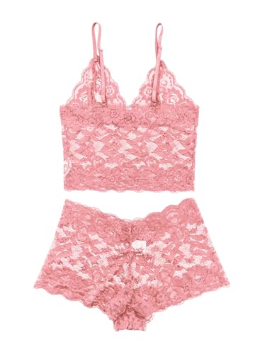 Image of Lilosy Sexy Sheer Floral Lace Pajamas Lingerie Set High Waist Sleepwear Bra and Panty 2 Piece Nightwear