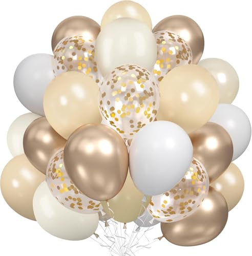 Ballons Beige Blanc Champagne Or, 60 Pièces Ballon Latex Beige et Or avec Métalliques Champagne Confettis Helium Ballon pour Boho Mariage Anniversaire Fête...