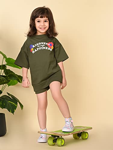 Image of LILPICKS Girls Text Printed Oversized Tee with Shorts Set (Green)