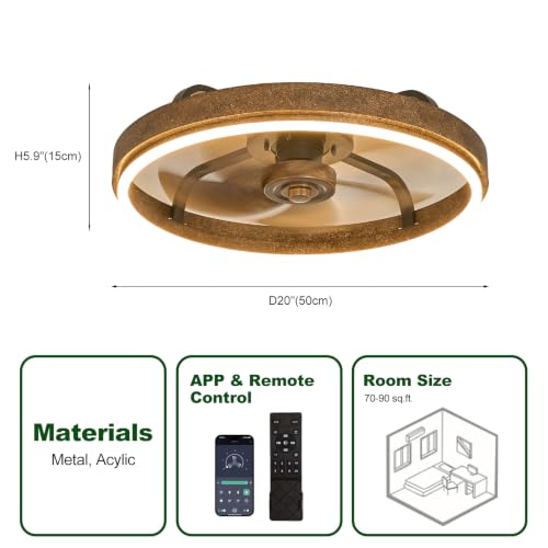 Image of 20 Inch Low Profile Farmhouse Ceiling Fan with Dimmable LED & Remote | Rustic Wood Fandelier, Vintage Flush Mount Ceiling Fan, Smart Remote & APP Control, Dimmable LED, 6 Speed, Reversible Blades