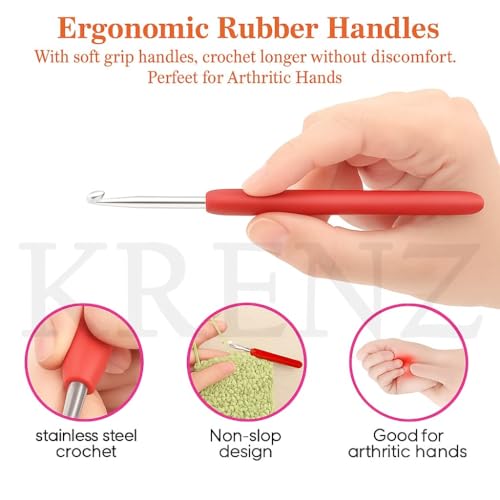 Image of KRENZ Crochet Kit for Beginners Adults, Crochet Kits Include Yarn, 59pcs Crochet Starter Kit for Beginners Kids,Ergonomic Crochet Hooks 2.0-6.0 mm, Lace Steel Needles 0.6-1.9 mm (Pink Pouch)