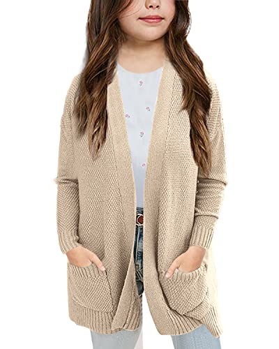 Image of Goranbon Girls' Cardigan Sweaters Open Front Long Sleeve Casual Sweater Coats with Pockets Beige